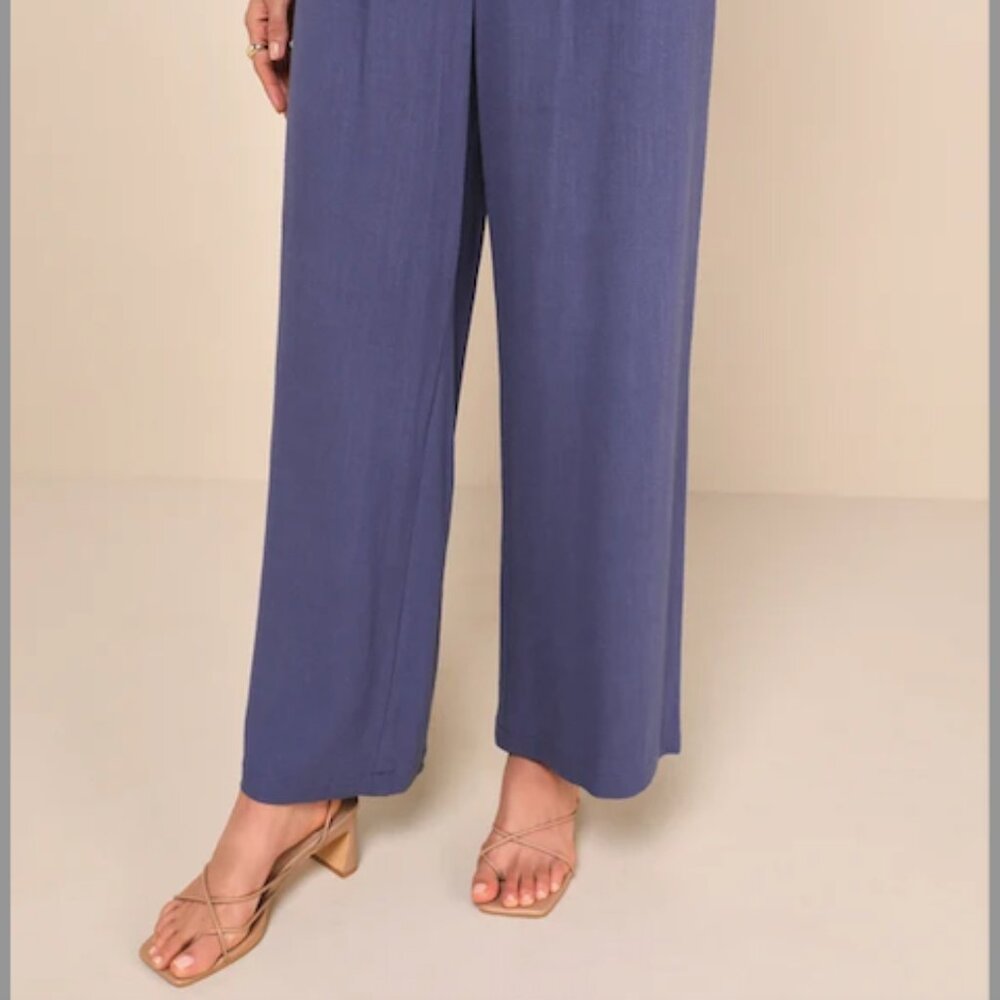 NWT Suits You Perfectly Dark Blue Linen Wide-Leg Pants SMALL - Picture 3 of 4